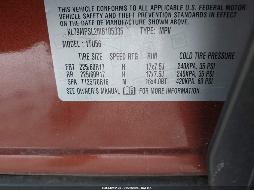 2021 CHEVROLET TRAILBLAZER 1.3L I-3 DI, DOHC, V(VIN: KL79MPSL2MB105335