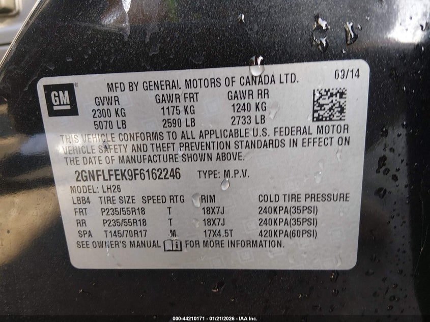 2015 Chevrolet Equinox 1Lt VIN: 2GNFLFEK9F6162246 Lot: 44210171