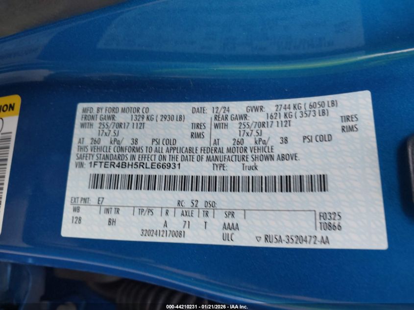2024 Ford Ranger Xl VIN: 1FTER4BH5RLE66931 Lot: 44210231