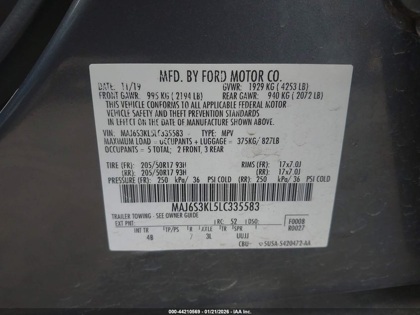 VIN MAJ6S3KL5LC335583 2020 FORD ECOSPORT TITANIUM
