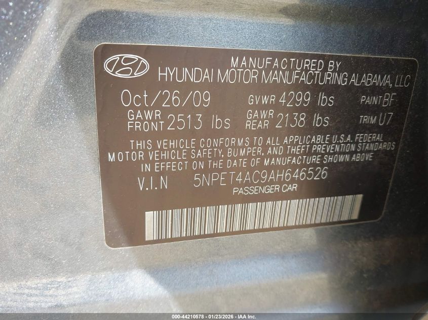 2010 Hyundai Sonata Gls VIN: 5NPET4AC9AH646526 Lot: 44210578