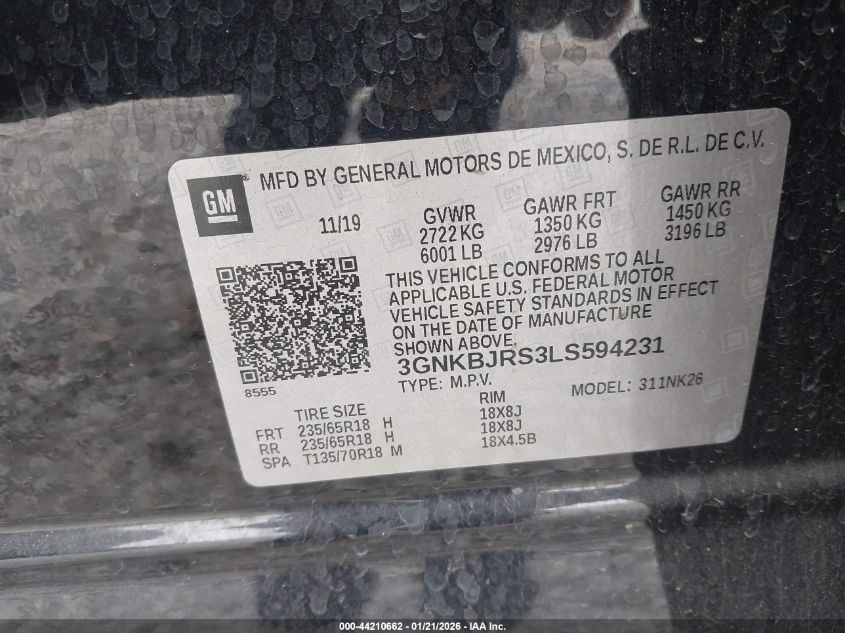 2020 Chevrolet Blazer Awd 3Lt VIN: 3GNKBJRS3LS594231 Lot: 44210662