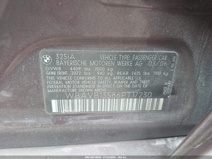 2006 BMW 325I VIN: WBAVB13586PT17230 Lot: 44210839