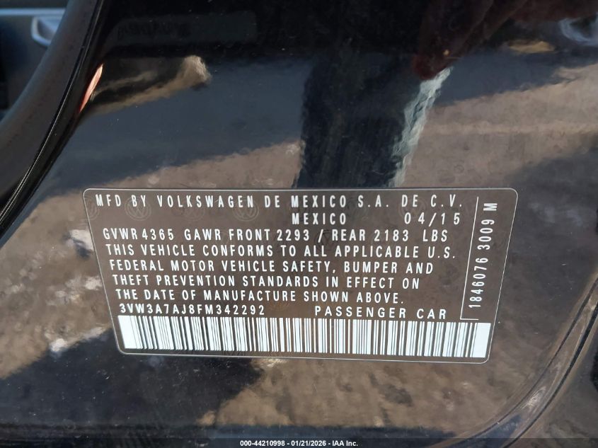 2015 Volkswagen Jetta 2.0L Tdi S VIN: 3VW3A7AJ8FM342292 Lot: 44210998