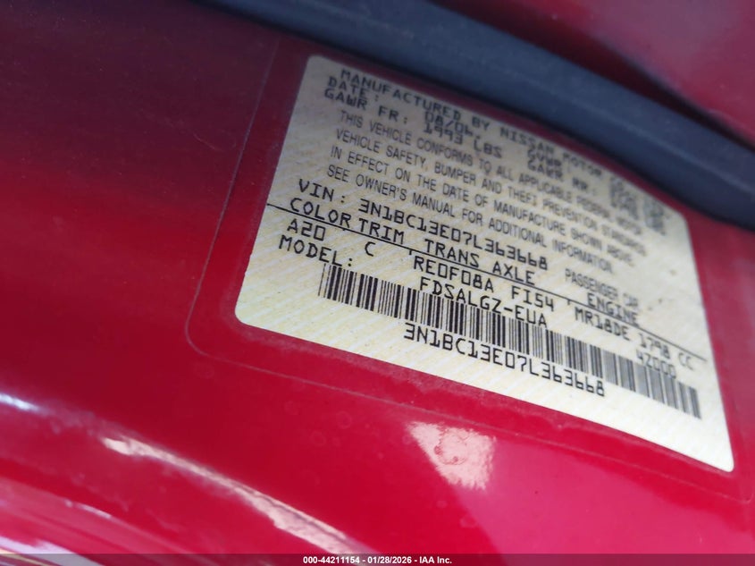 2007 Nissan Versa 1.8Sl VIN: 3N1BC13E07L363668 Lot: 44211154