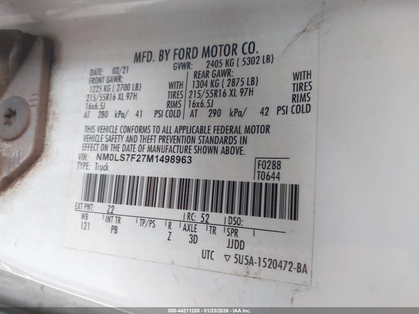 2021 FORD TRANSIT CONNECT 2.0L I-4 DI, DOHC, V(VIN: NM0LS7F27M1498963