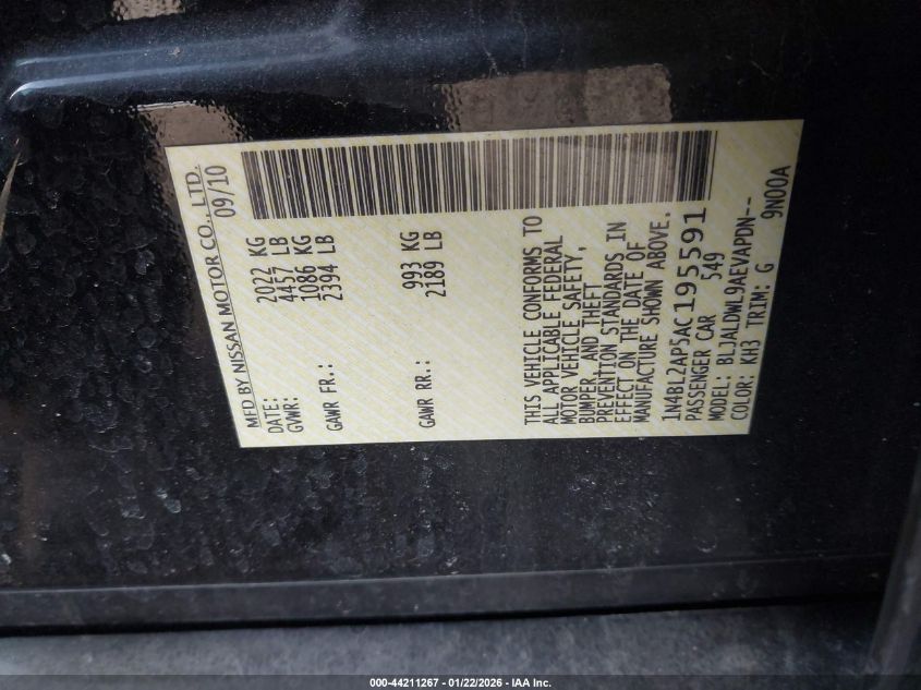 2010 Nissan Altima 3.5 Sr VIN: 1N4BL2AP5AC195591 Lot: 44211267
