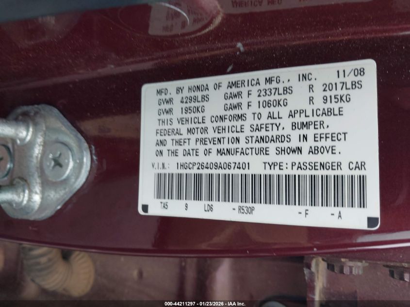 2009 Honda Accord 2.4 Lx-P VIN: 1HGCP26409A067401 Lot: 44211297
