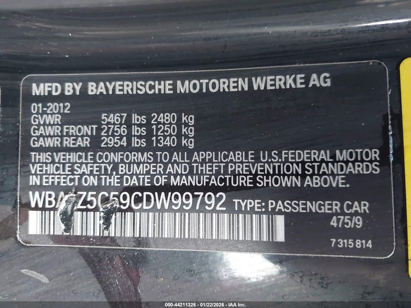 2012 BMW 650I xDrive VIN: WBALZ5C59CDW99792 Lot: 44211326