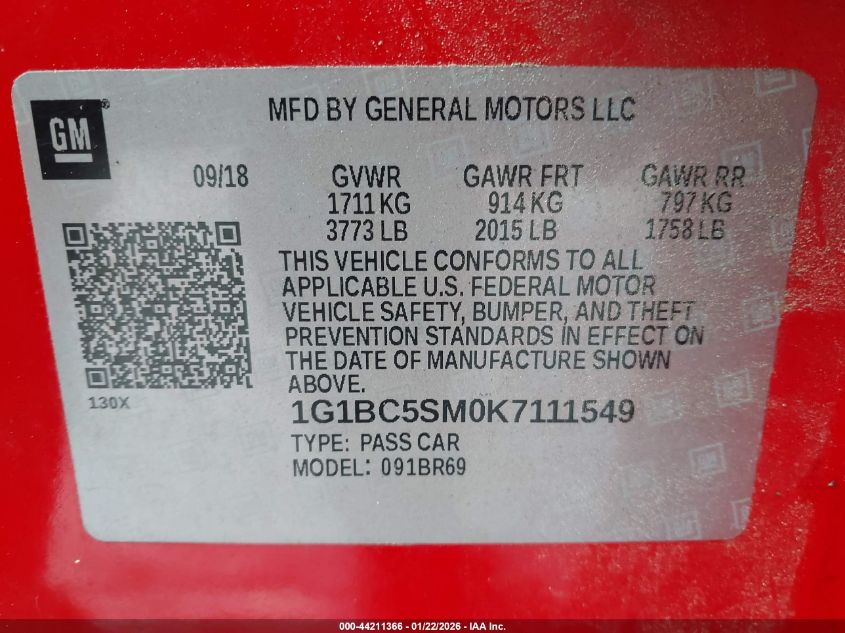 2019 Chevrolet Cruze Ls VIN: 1G1BC5SM0K7111549 Lot: 44211366