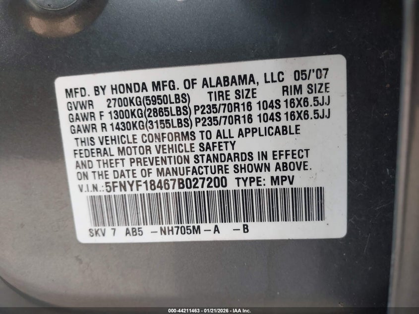 2007 Honda Pilot Ex VIN: 5FNYF18467B027200 Lot: 44211463