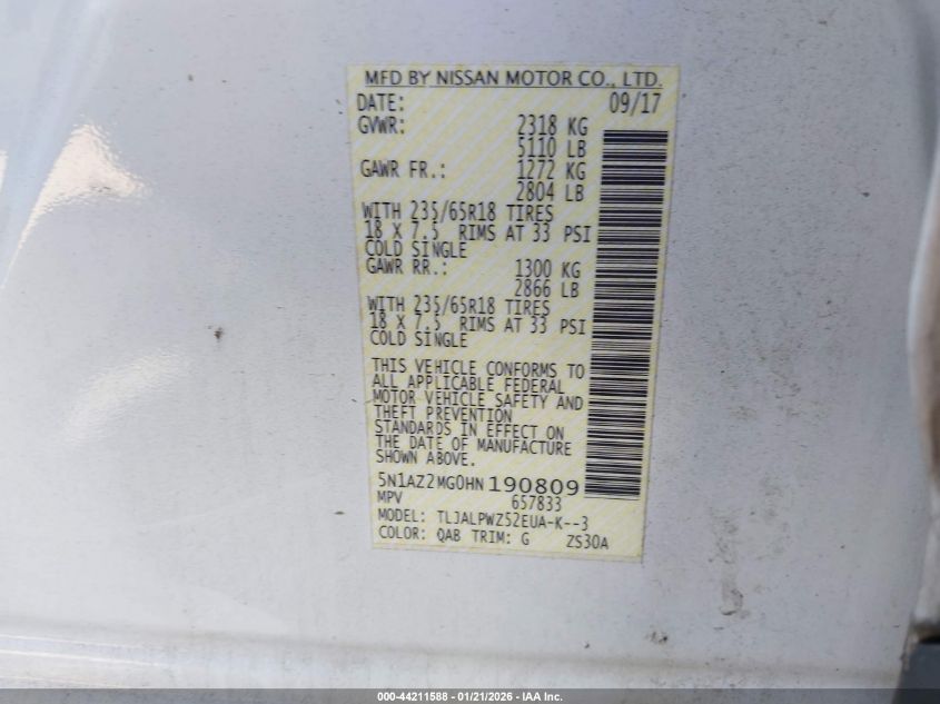 2017 Nissan Murano S VIN: 5N1AZ2MG0HN190809 Lot: 44211588