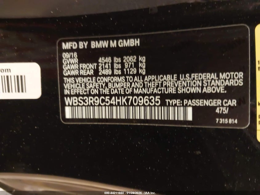 2017 BMW M4 VIN: WBS3R9C54HK709635 Lot: 44211660