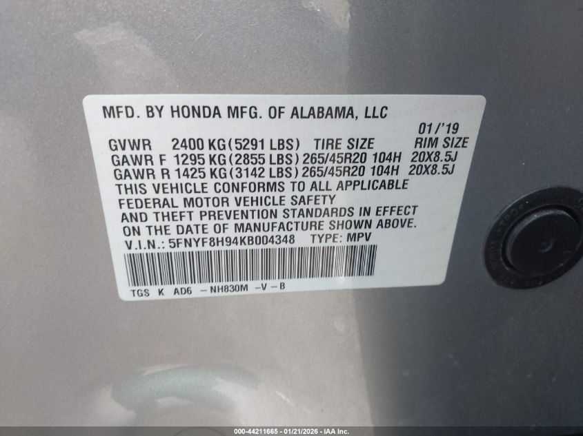 2019 Honda Passport Touring VIN: 5FNYF8H94KB004348 Lot: 44211665