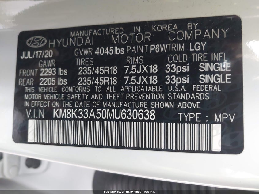 VIN KM8K33A50MU630638 2021 HYUNDAI KONA LIMITED