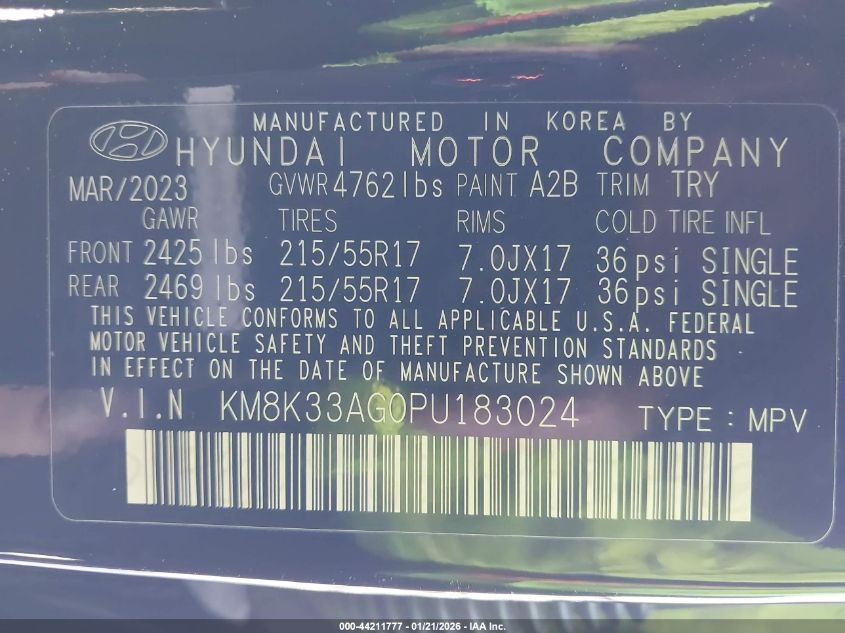 2023 Hyundai Kona Electric Sel VIN: KM8K33AG0PU183024 Lot: 44211777