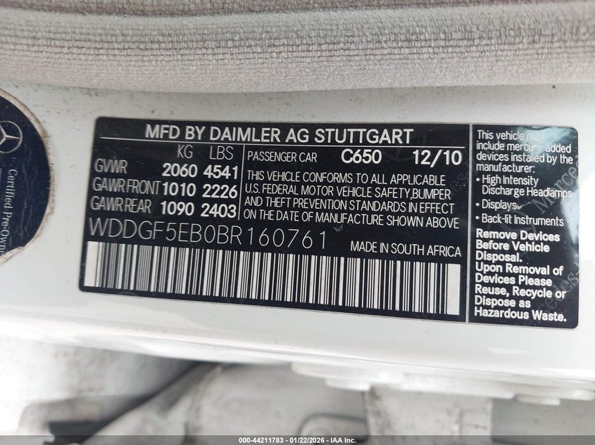 2011 Mercedes-Benz C 300 Sport VIN: WDDGF5EB0BR160761 Lot: 44211783