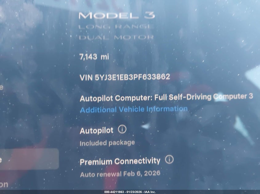 VIN 5YJ3E1EB3PF633862 2023 TESLA MODEL 3 LONG RANGE DUAL MOTOR ALL-WHEEL DRIVE