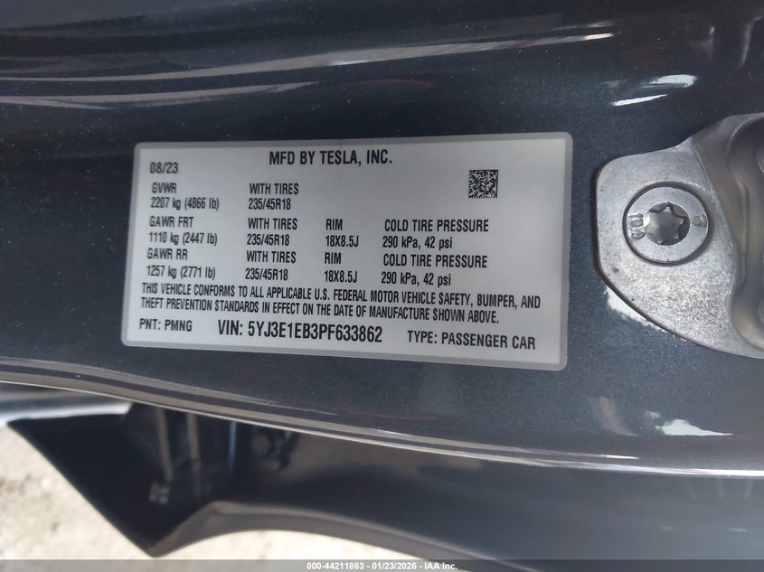 VIN 5YJ3E1EB3PF633862 2023 TESLA MODEL 3 LONG RANGE DUAL MOTOR ALL-WHEEL DRIVE