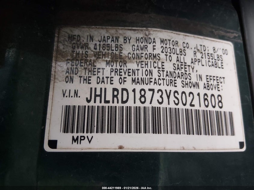 2000 Honda Cr-V Special Edition VIN: JHLRD1873YS021608 Lot: 44211989