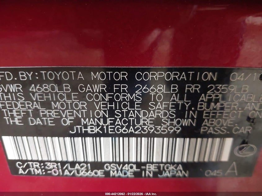 2010 LEXUS ES SEDAN 3.5L V-6 DOHC, VVT, 272HP