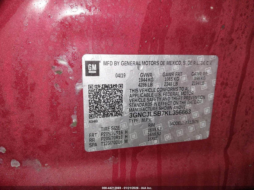 2019 Chevrolet Trax Lt VIN: 3GNCJLSB7KL356663 Lot: 44212069