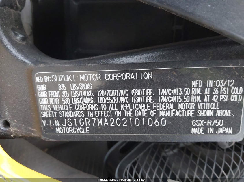 2012 Suzuki Gsx750 VIN: JS1GR7MA2C2101060 Lot: 44212492