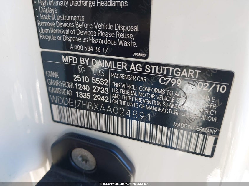 2010 Mercedes-Benz Cl 63 Amg VIN: WDDEJ7HBXAA024891 Lot: 44212648