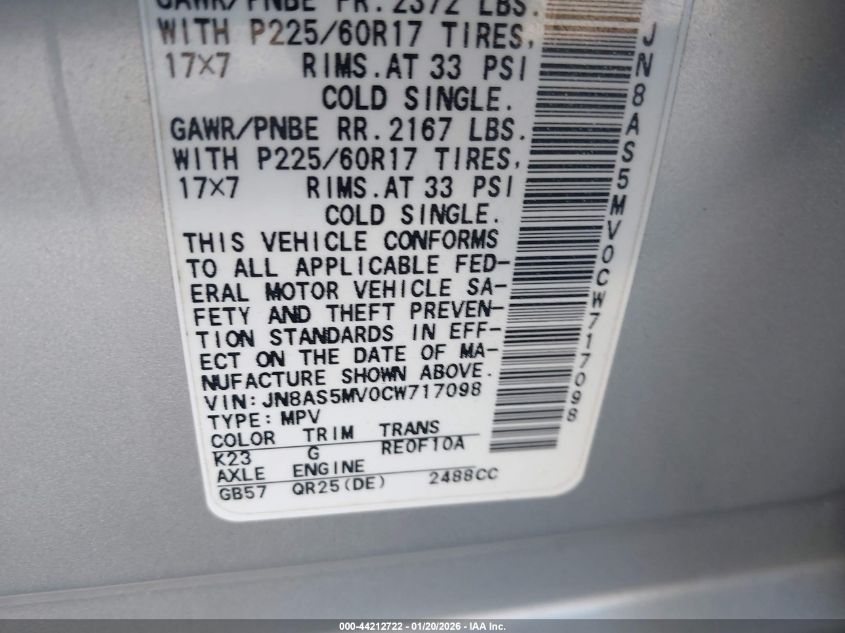 2012 Nissan Rogue Sv VIN: JN8AS5MV0CW717098 Lot: 44212722