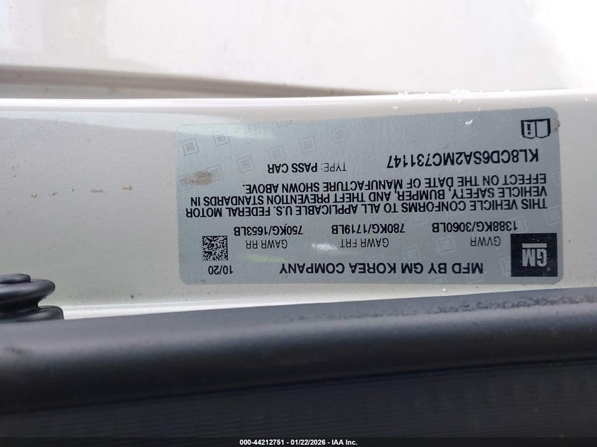 2021 CHEVROLET SPARK 1.4L I-4 DOHC, VVT, (VIN: KL8CD6SA2MC731147