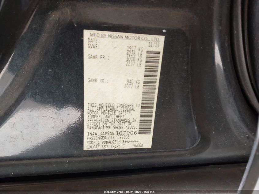 2016 Nissan Altima 2.5/2.5 S/2.5 Sl/2.5 Sr/2.5 Sv VIN: 1N4AL3AP9GN307906 Lot: 44212786
