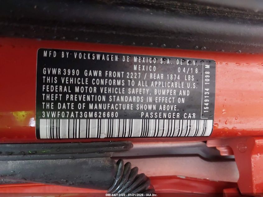 2016 Volkswagen Beetle 1.8T S VIN: 3VWF07AT3GM626660 Lot: 44213123