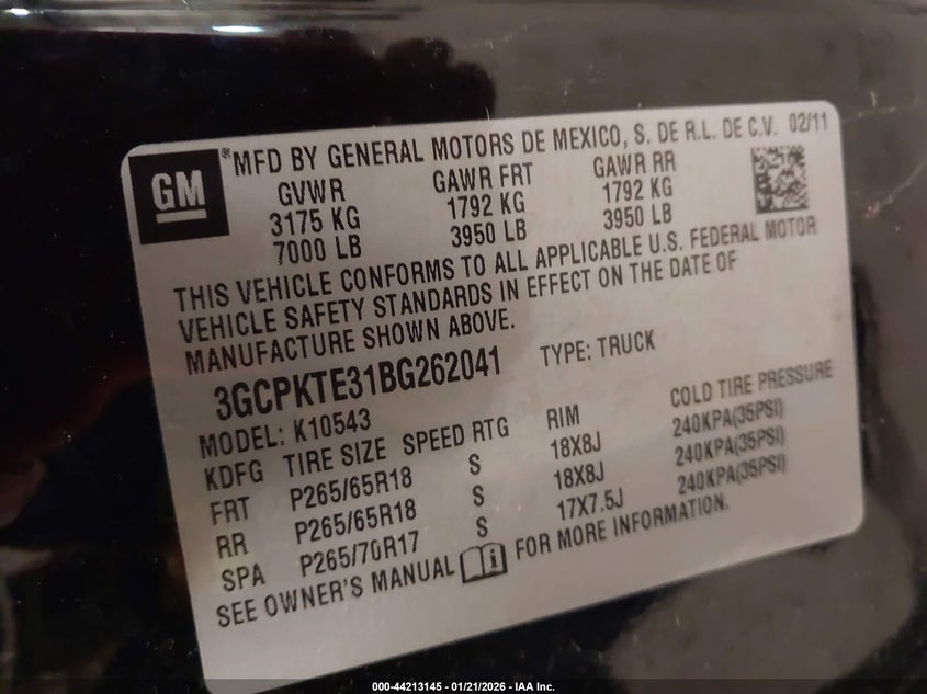 2011 Chevrolet Silverado 1500 Ltz VIN: 3GCPKTE31BG262041 Lot: 44213145