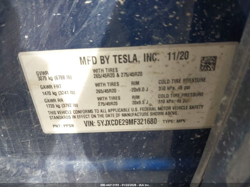 2021 Tesla Model X Long Range Dual Motor All-Wheel Drive/Long Range Plus Dual Motor All-Wheel Drive VIN: 5YJXCDE29MF321680 Lot: 44213193