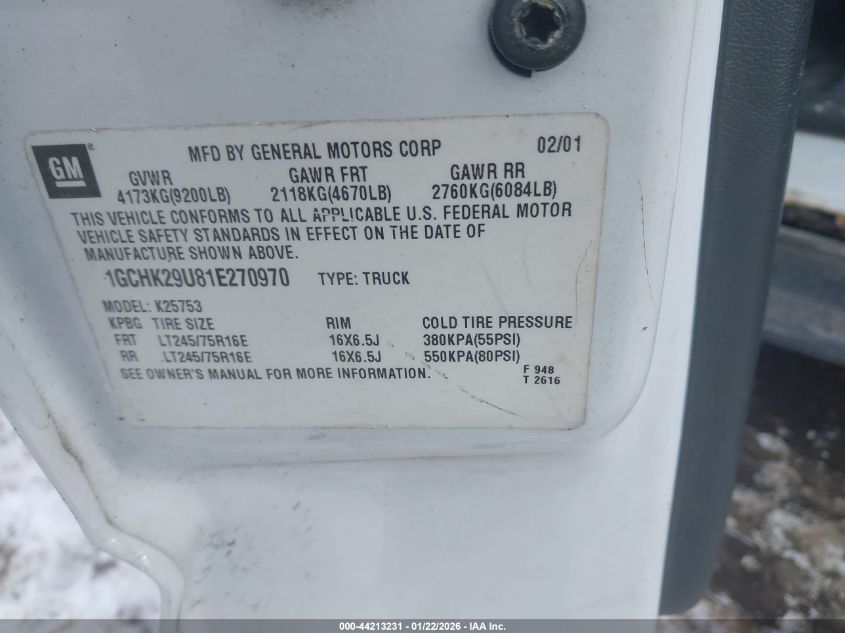 2001 Chevrolet Silverado 2500Hd Ls VIN: 1GCHK29U81E270970 Lot: 44213231