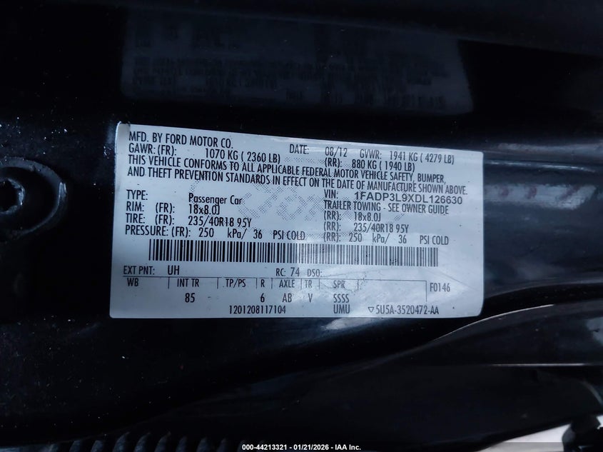 2013 Ford Focus St VIN: 1FADP3L9XDL126630 Lot: 44213321