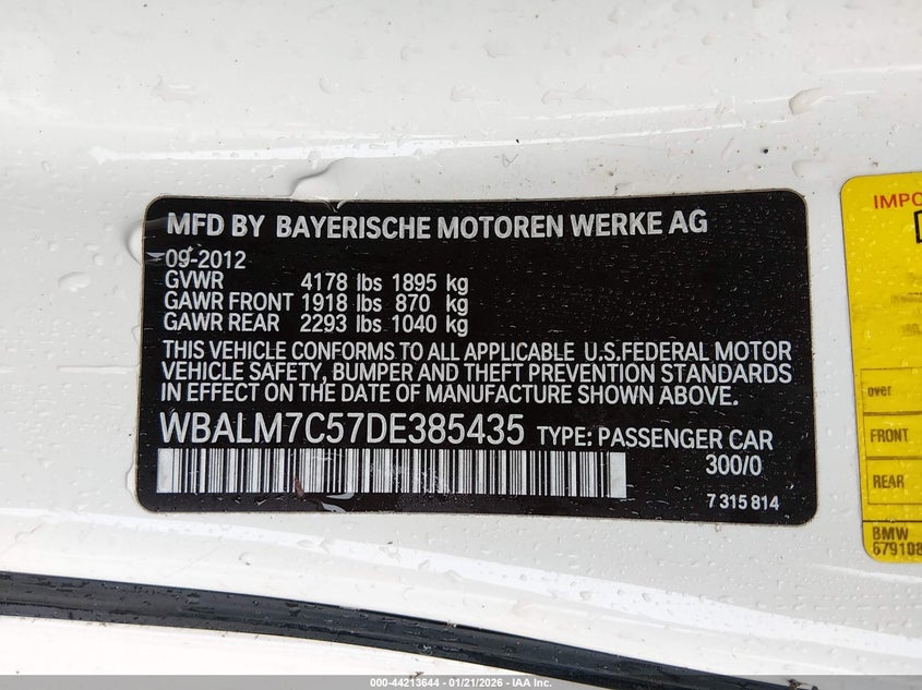 2013 BMW Z4 Sdrive35I VIN: WBALM7C57DE385435 Lot: 44213644