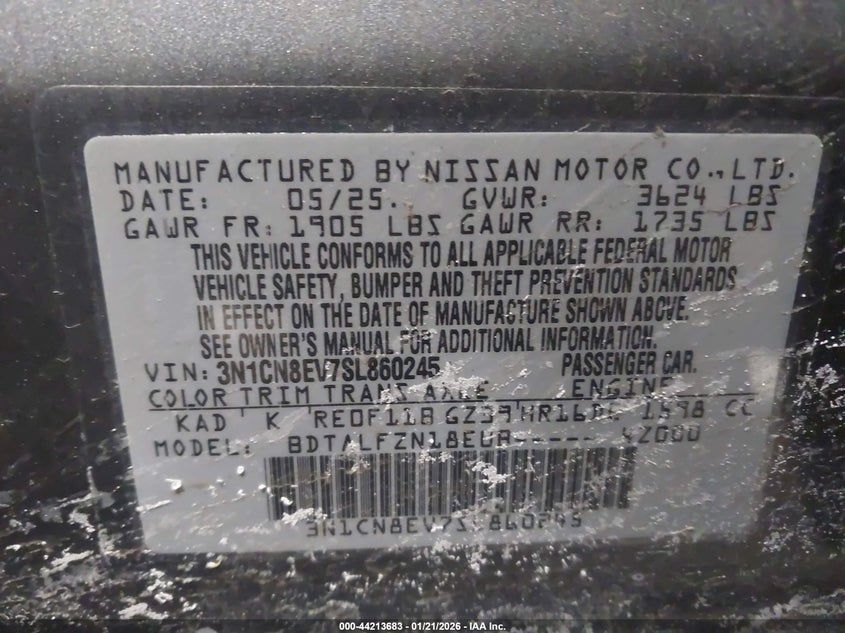 2025 Nissan Versa 1.6 Sv VIN: 3N1CN8EV7SL860245 Lot: 44213683