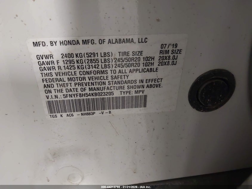 2019 Honda Passport Ex-L VIN: 5FNYF8H54KB023205 Lot: 44213798