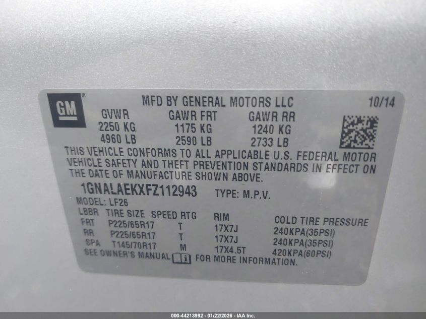 2015 Chevrolet Equinox Ls VIN: 1GNALAEKXFZ112943 Lot: 44213992