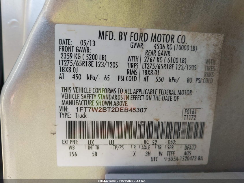 2013 Ford F-250 Lariat VIN: 1FT7W2BT2DEB45307 Lot: 44214036