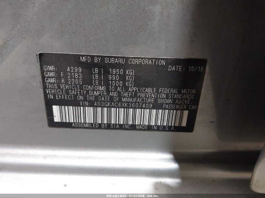 2019 Subaru Impreza 2.0I Premium VIN: 4S3GKAC6XK3607409 Lot: 44214039
