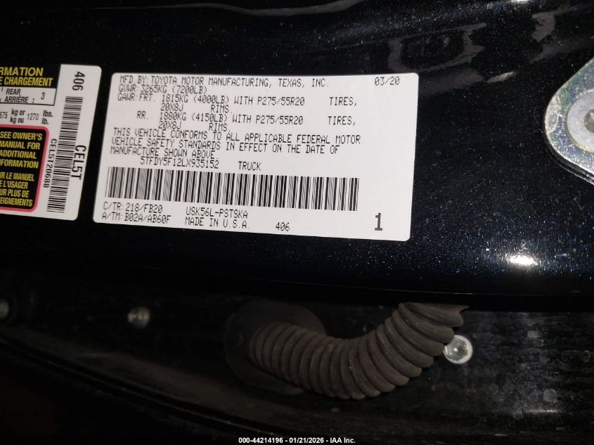 2020 Toyota Tundra Sr5 VIN: 5TFDY5F12LX935152 Lot: 44214196