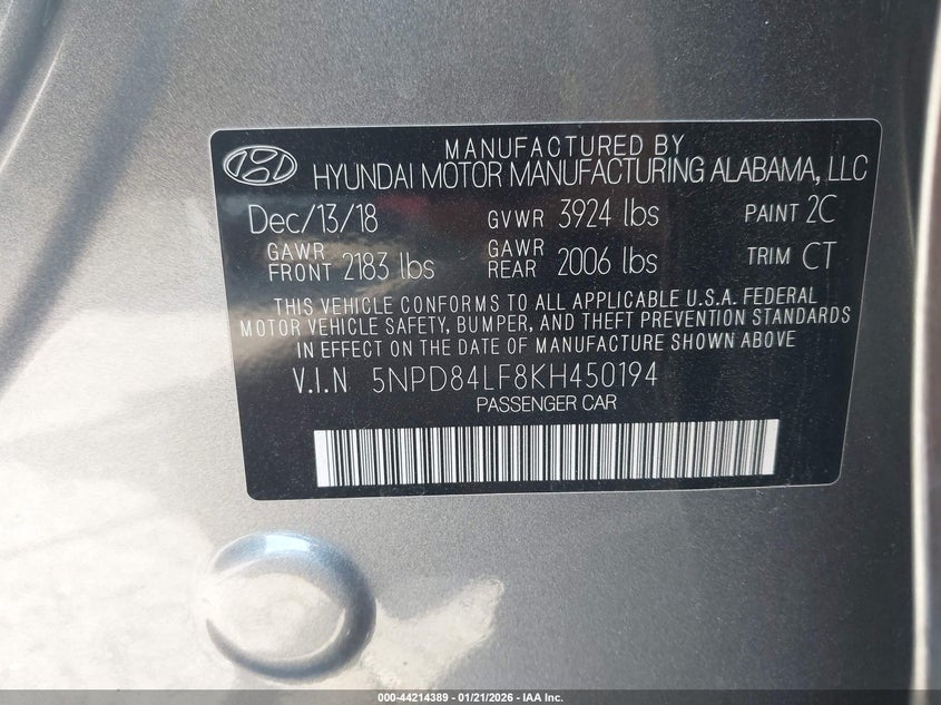 2019 Hyundai Elantra Value Edition VIN: 5NPD84LF8KH450194 Lot: 44214389