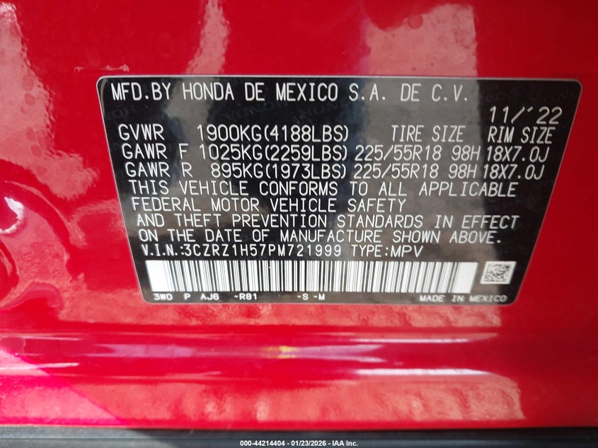 2023 Honda Hr-V 2Wd Sport VIN: 3CZRZ1H57PM721999 Lot: 44214404