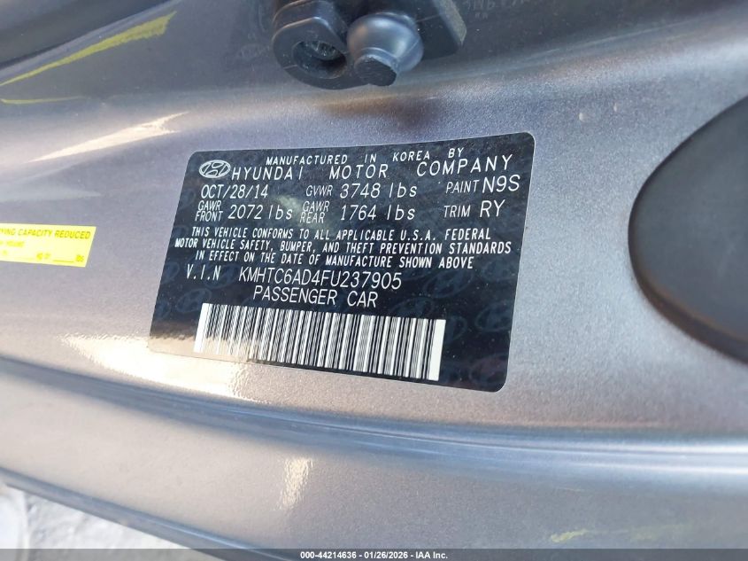 2015 Hyundai Veloster VIN: KMHTC6AD4FU237905 Lot: 44214636