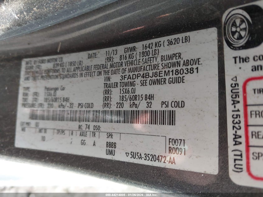 2014 Ford Fiesta Se VIN: 3FADP4BJ8EM180381 Lot: 44214805