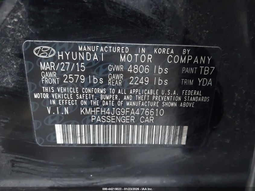 2015 Hyundai Azera Limited VIN: KMHFH4JG9FA476610 Lot: 44215023