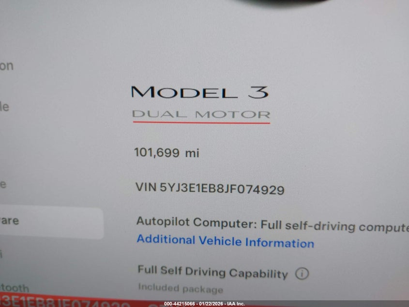 2018 Tesla Model 3 Long Range/Performance VIN: 5YJ3E1EB8JF074929 Lot: 44215066