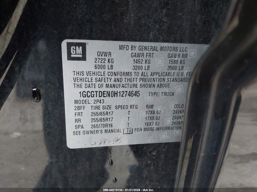 2017 Chevrolet Colorado Z71 VIN: 1GCGTDEN0H1274645 Lot: 44215134